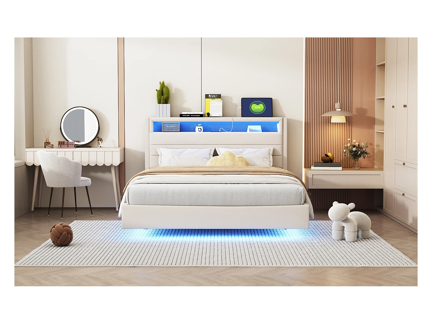 Lit 140 x 200 cm avec Port USB, LED et Tête de Lit Réversible, en Tissu Lin Beige