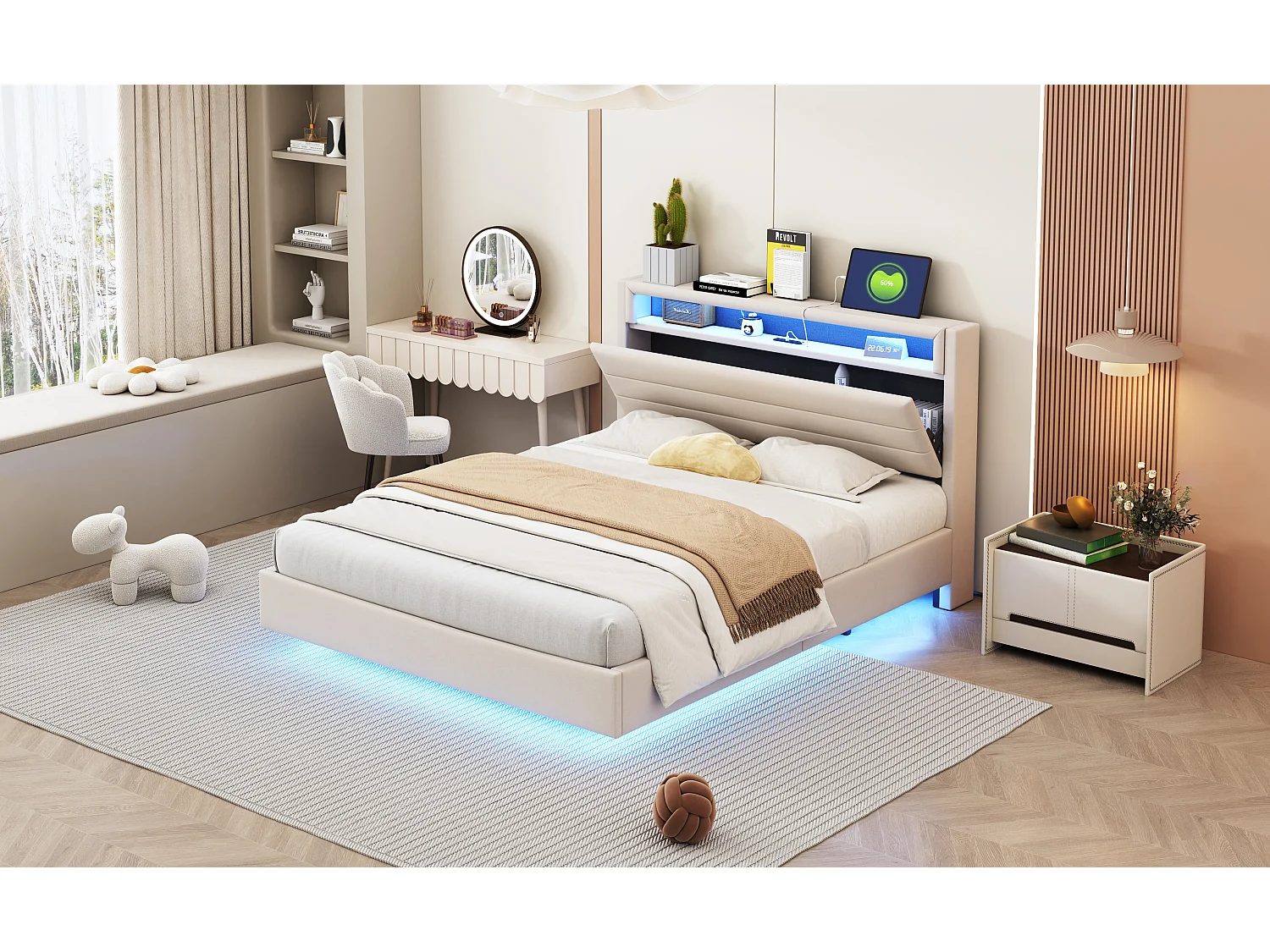 Lit 140 x 200 cm avec Port USB, LED et Tête de Lit Réversible, en Tissu Lin Beige