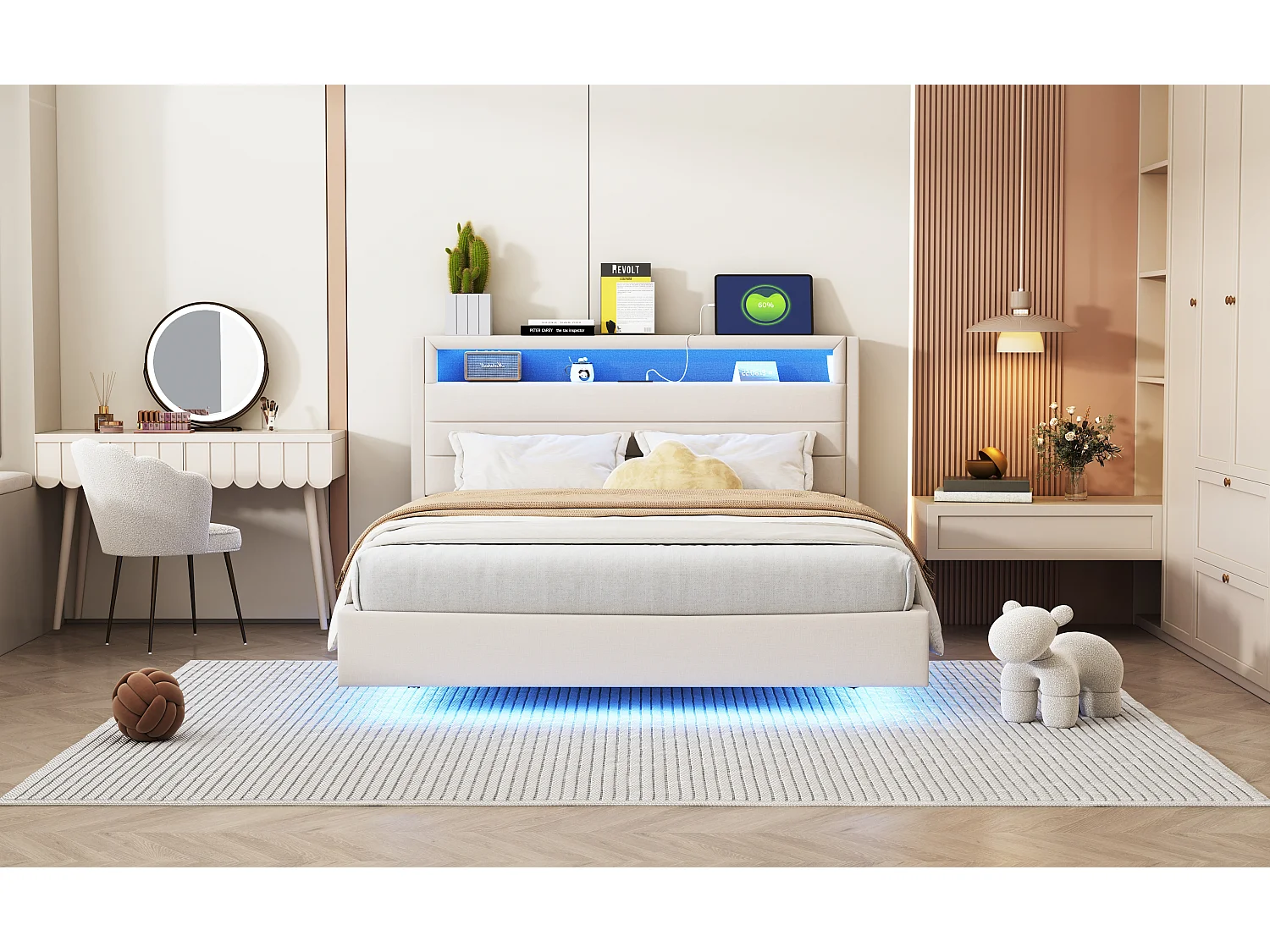 Lit 140 x 200 cm avec Port USB, LED et Tête de Lit Réversible, en Tissu Lin Beige