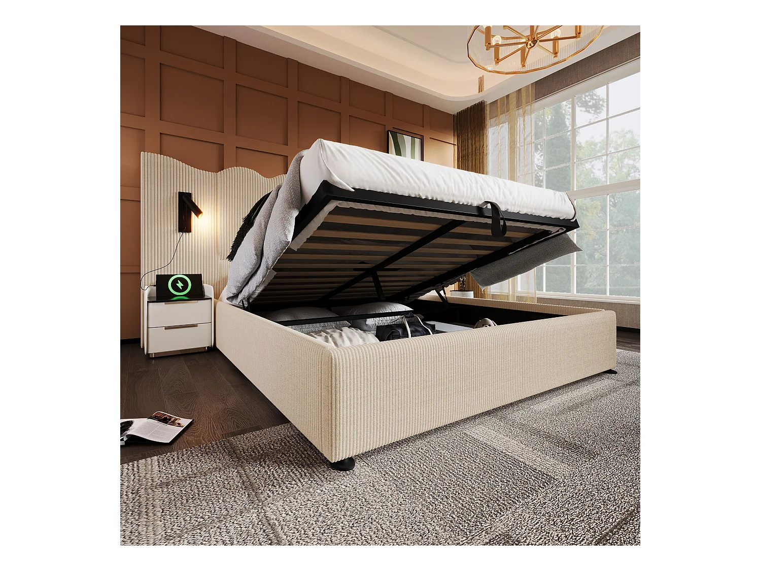 Lit double 160×200 avec lampe de lecture et port USB Type-C, structure en bois massif et métal, beige-blanc, tissu côtelé (sans matelas)