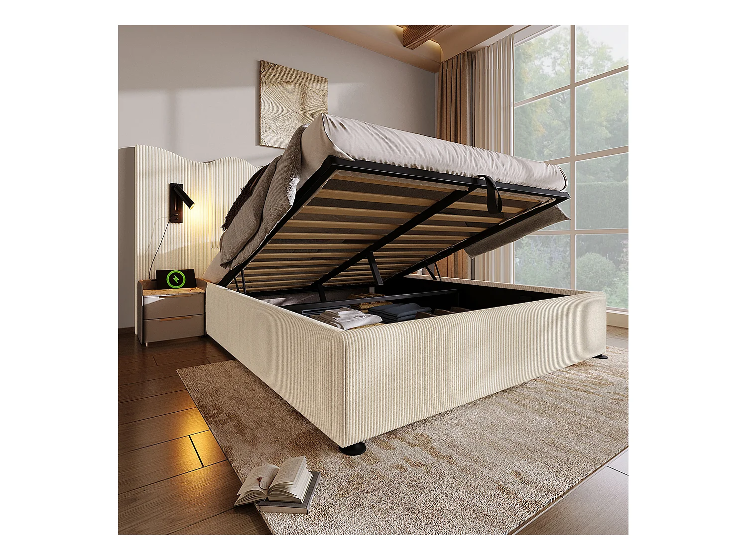 Lit double 160×200 avec lampe de lecture et port USB Type-C, structure en bois massif et métal, beige-blanc, tissu côtelé (sans matelas)