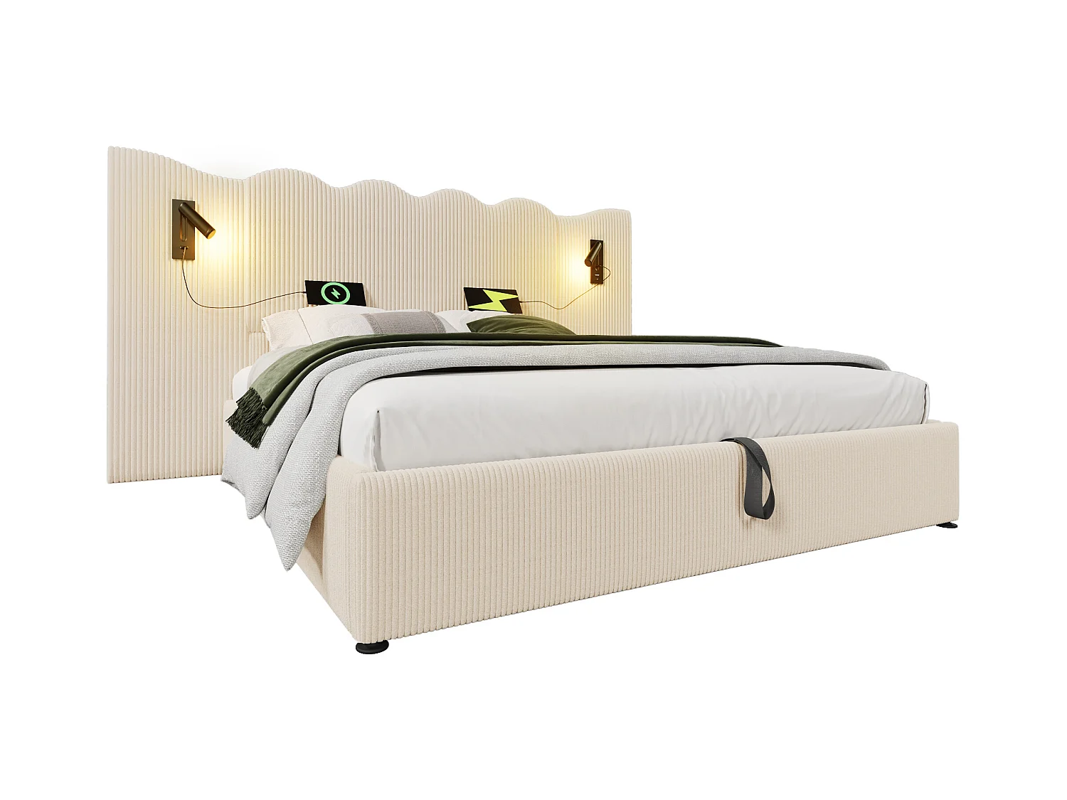 Lit double 160×200 avec lampe de lecture et port USB Type-C, structure en bois massif et métal, beige-blanc, tissu côtelé (sans matelas)
