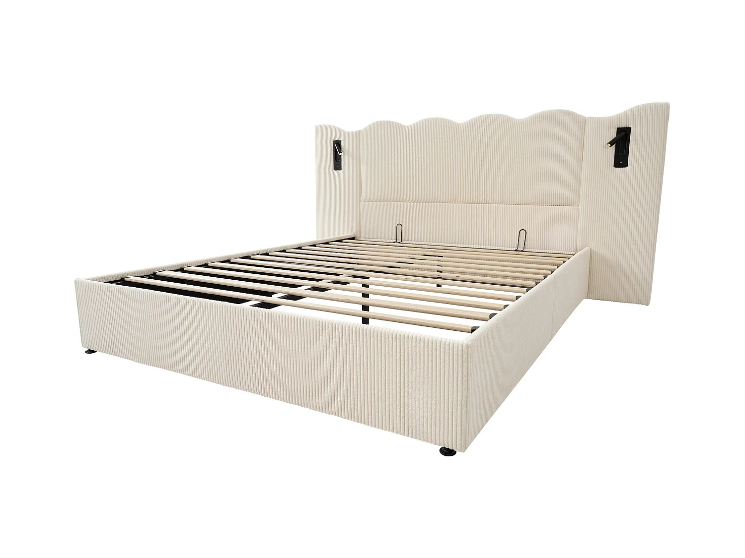 Lit double 160×200 avec lampe de lecture et port USB Type-C, structure en bois massif et métal, beige-blanc, tissu côtelé (sans matelas)