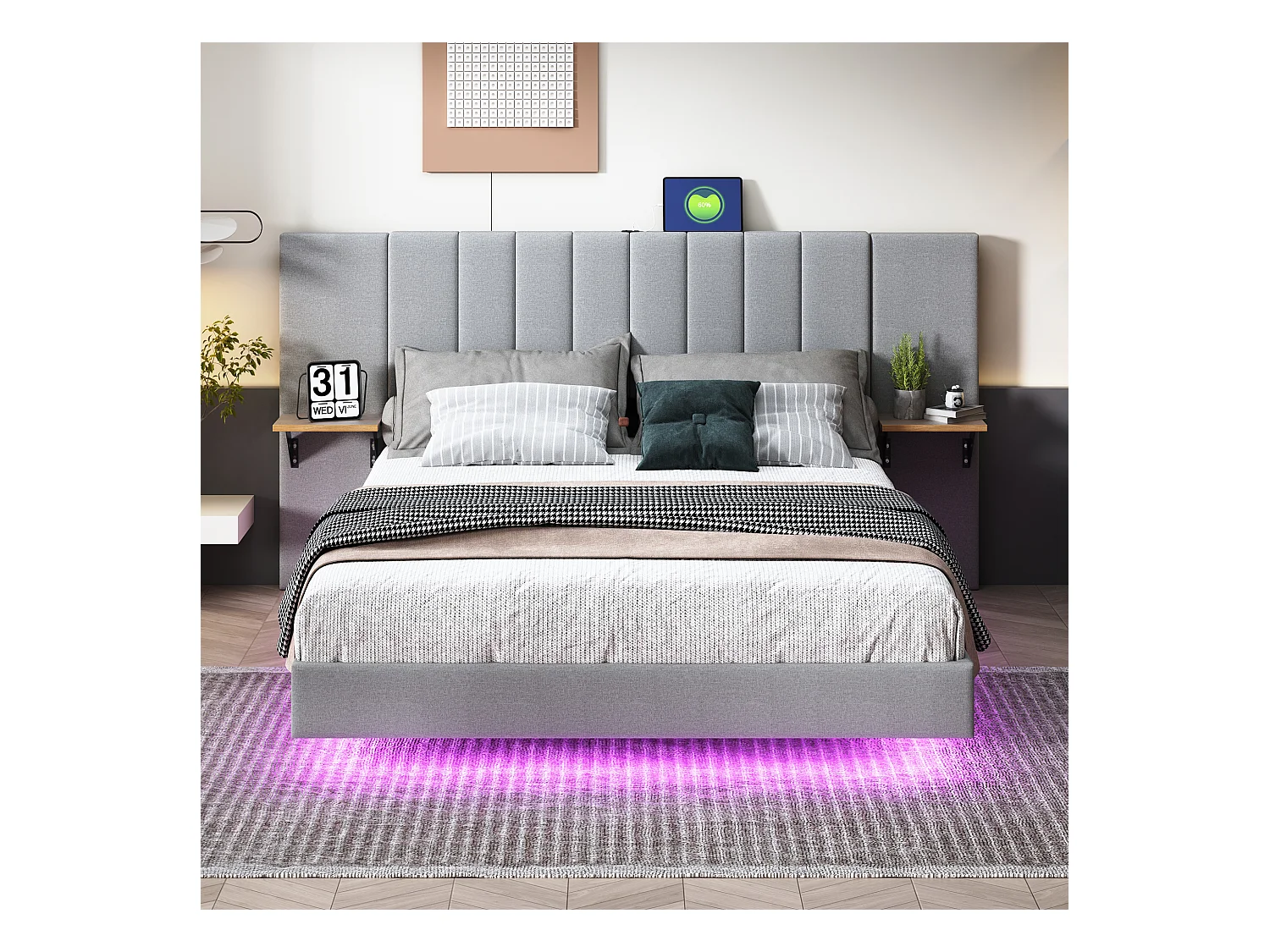 Lit Polster 140 x 200 cm, pied de lit caché, lit double, tête de lit allongée et élargie, avec tablettes latérales, port USB et bande LED, tissu lin gris.