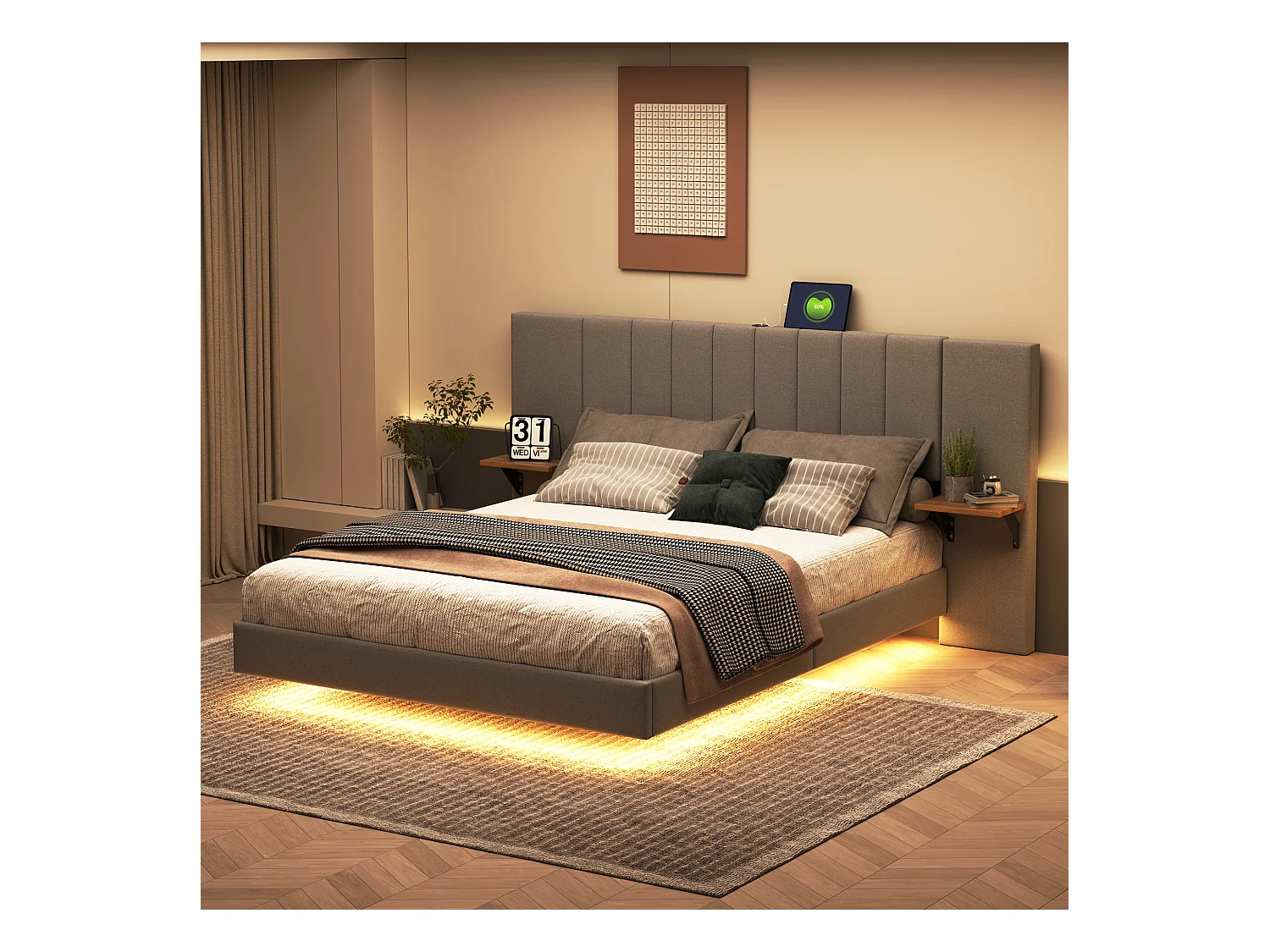 Lit Polster 140 x 200 cm, pied de lit caché, lit double, tête de lit allongée et élargie, avec tablettes latérales, port USB et bande LED, tissu lin gris.