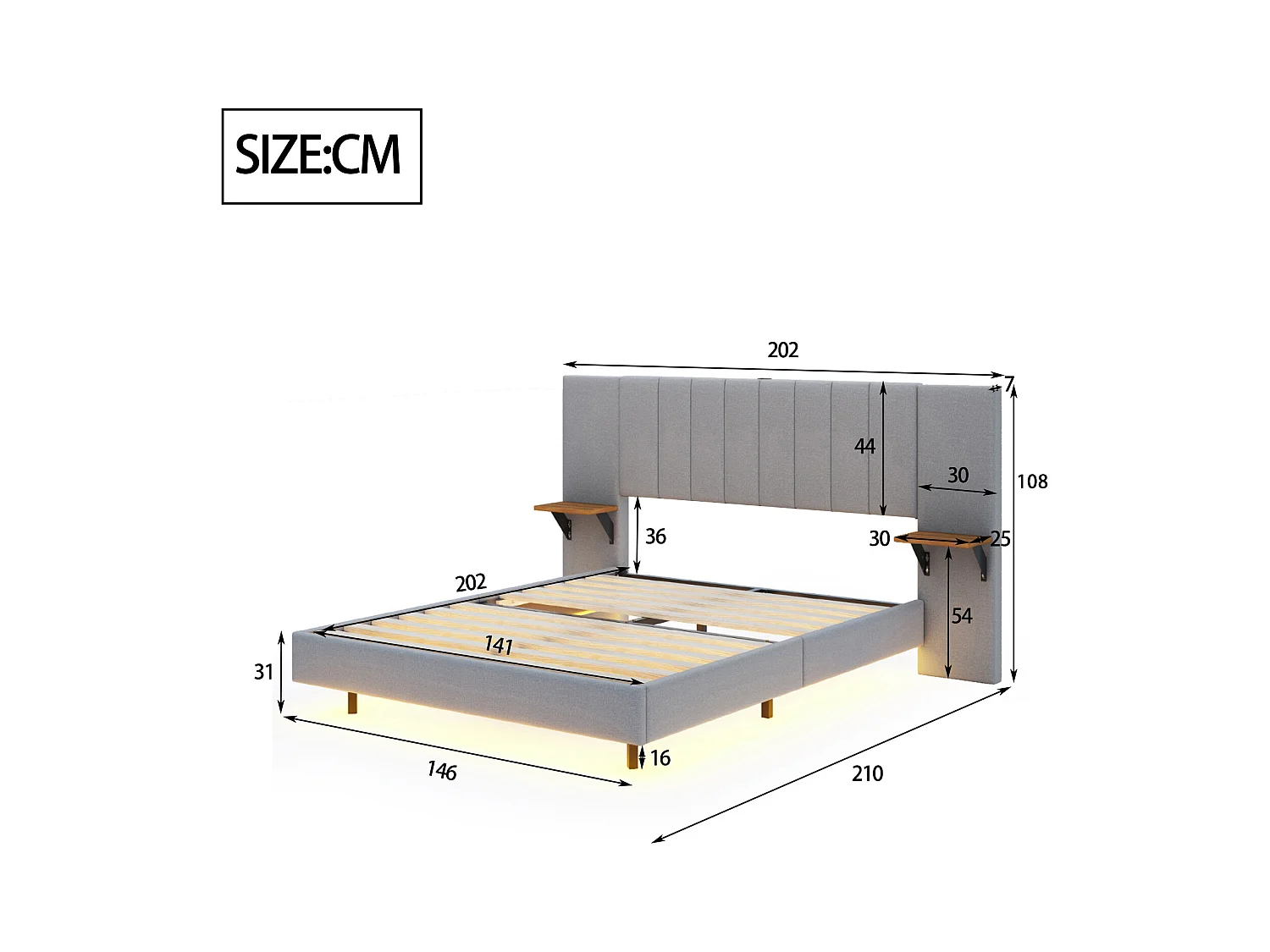 Lit Polster 140 x 200 cm, pied de lit caché, lit double, tête de lit allongée et élargie, avec tablettes latérales, port USB et bande LED, tissu lin gris.