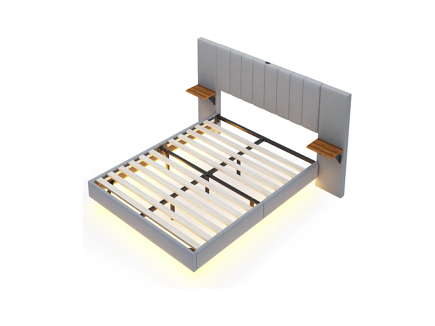 Lit Polster 140 x 200 cm, pied de lit caché, lit double, tête de lit allongée et élargie, avec tablettes latérales, port USB et bande LED, tissu lin gris.