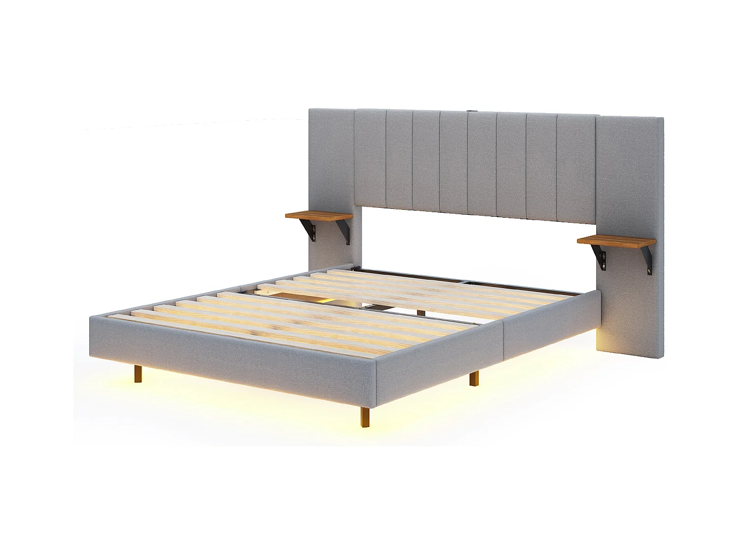 Lit Polster 140 x 200 cm, pied de lit caché, lit double, tête de lit allongée et élargie, avec tablettes latérales, port USB et bande LED, tissu lin gris.