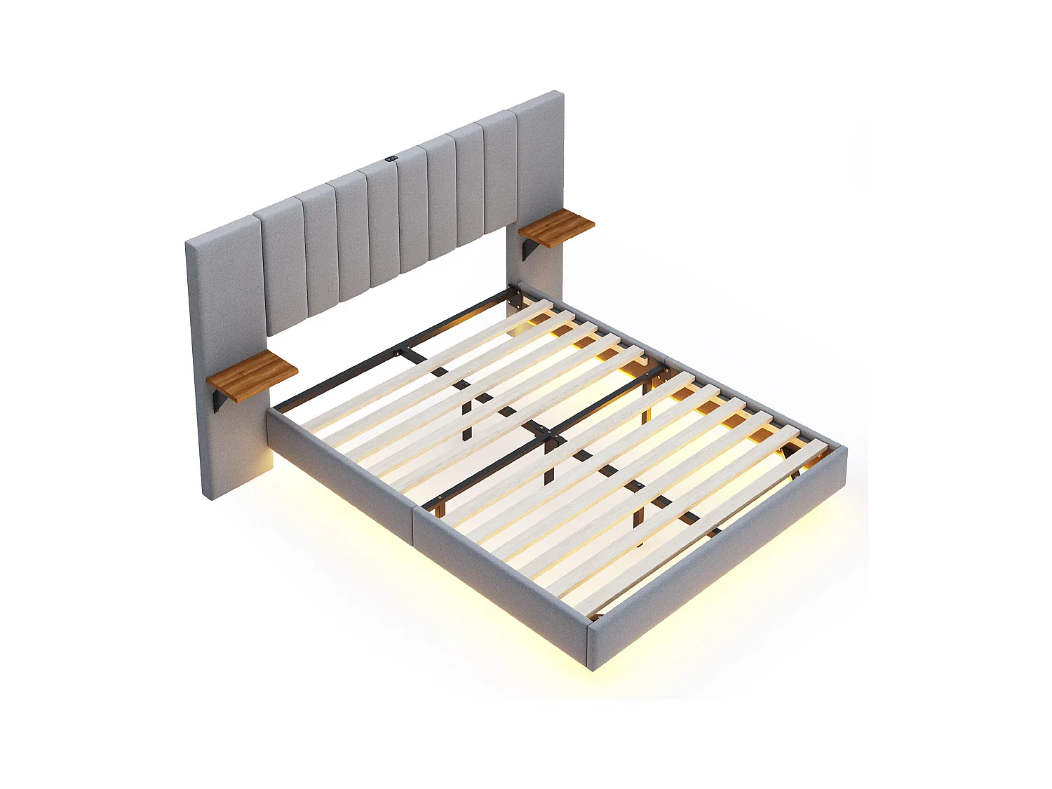 Lit Polster 140 x 200 cm, pied de lit caché, lit double, tête de lit allongée et élargie, avec tablettes latérales, port USB et bande LED, tissu lin gris.