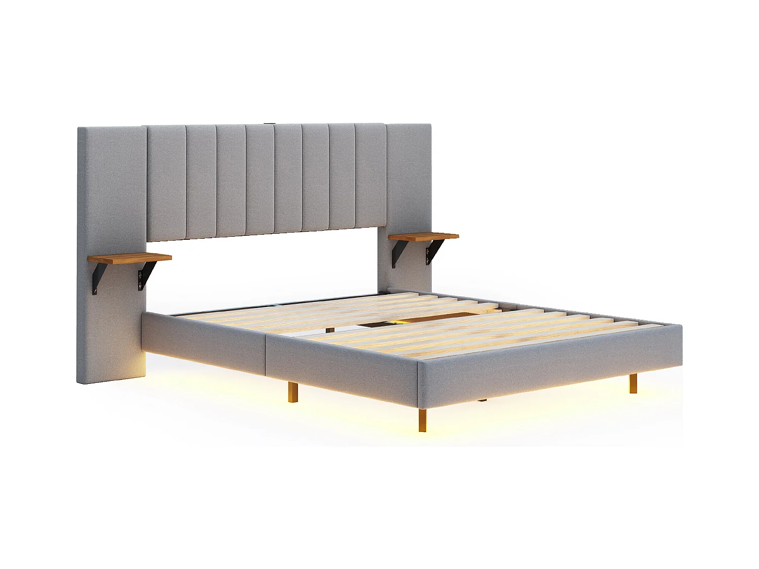 Lit Polster 140 x 200 cm, pied de lit caché, lit double, tête de lit allongée et élargie, avec tablettes latérales, port USB et bande LED, tissu lin gris.