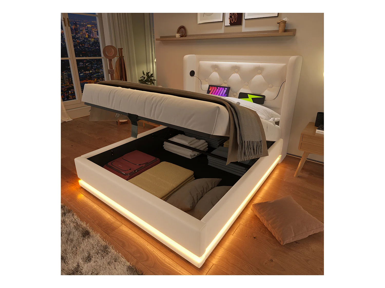 Lit simple 90x200 cm blanc en PU avec LED 3 côtés, tête rembourrée, USB Type-C, lit coffre hydraulique (sans matelas)