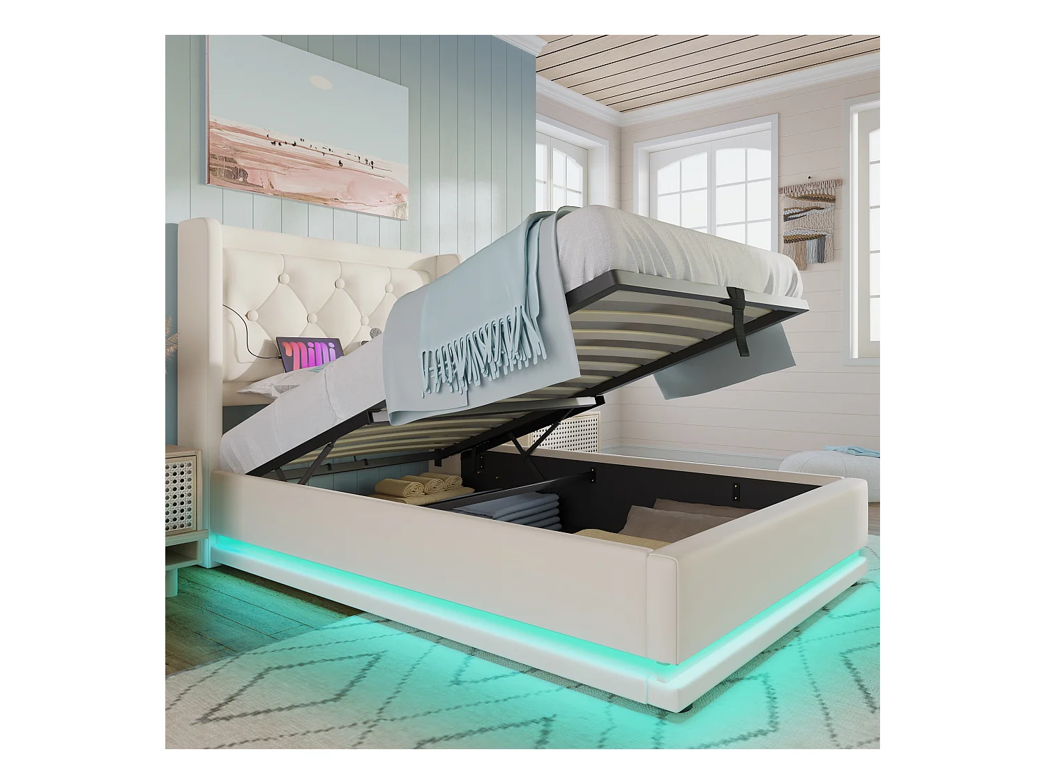 Lit simple 90x200 cm blanc en PU avec LED 3 côtés, tête rembourrée, USB Type-C, lit coffre hydraulique (sans matelas)