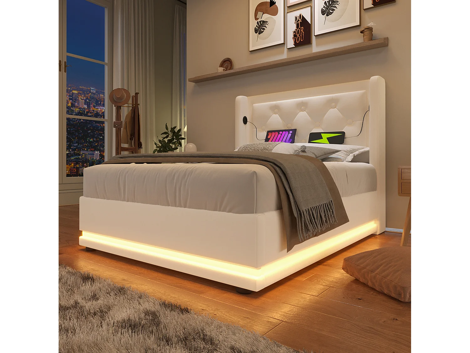 Lit simple 90x200 cm blanc en PU avec LED 3 côtés, tête rembourrée, USB Type-C, lit coffre hydraulique (sans matelas)