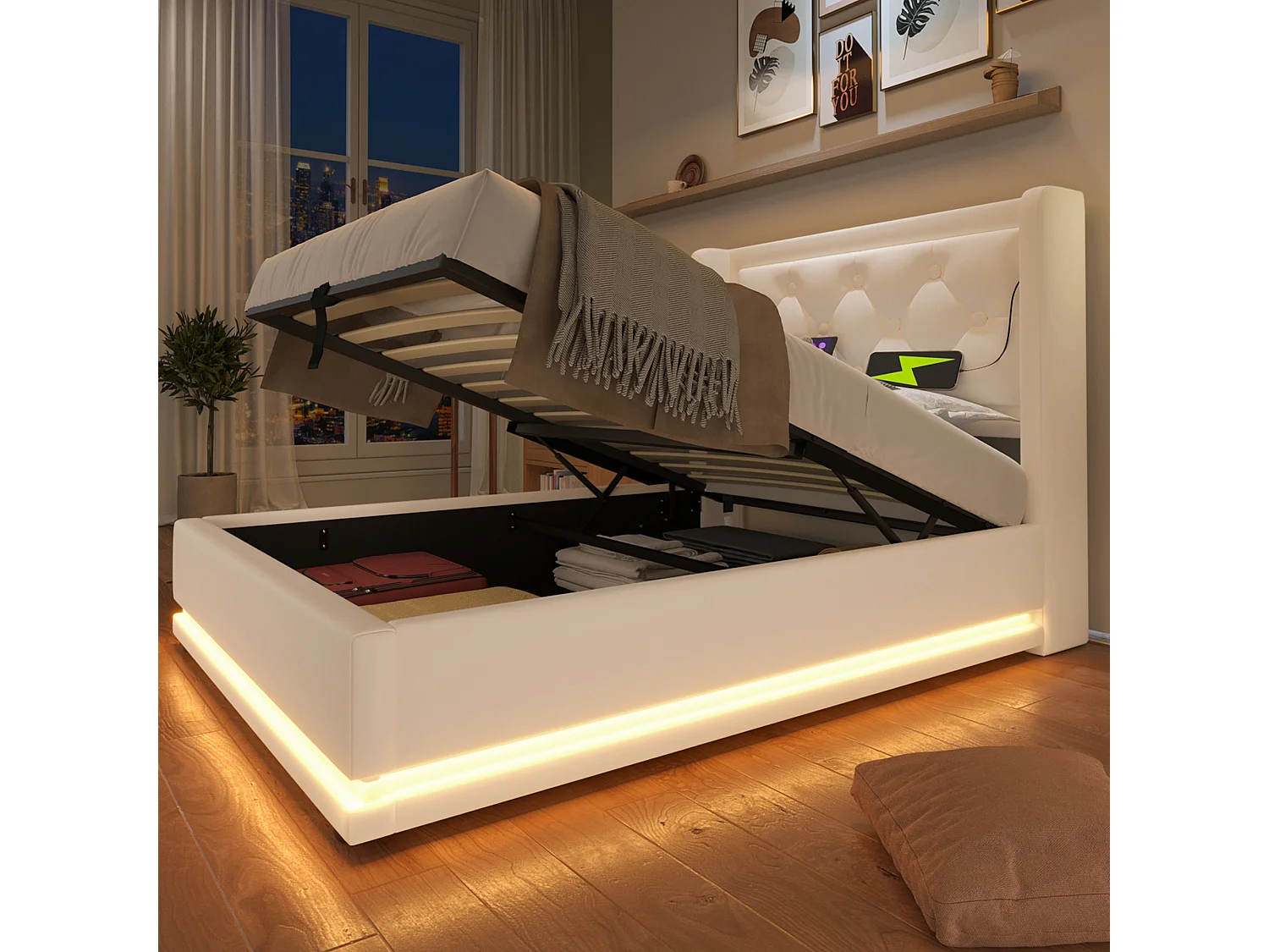 Lit simple 90x200 cm blanc en PU avec LED 3 côtés, tête rembourrée, USB Type-C, lit coffre hydraulique (sans matelas)