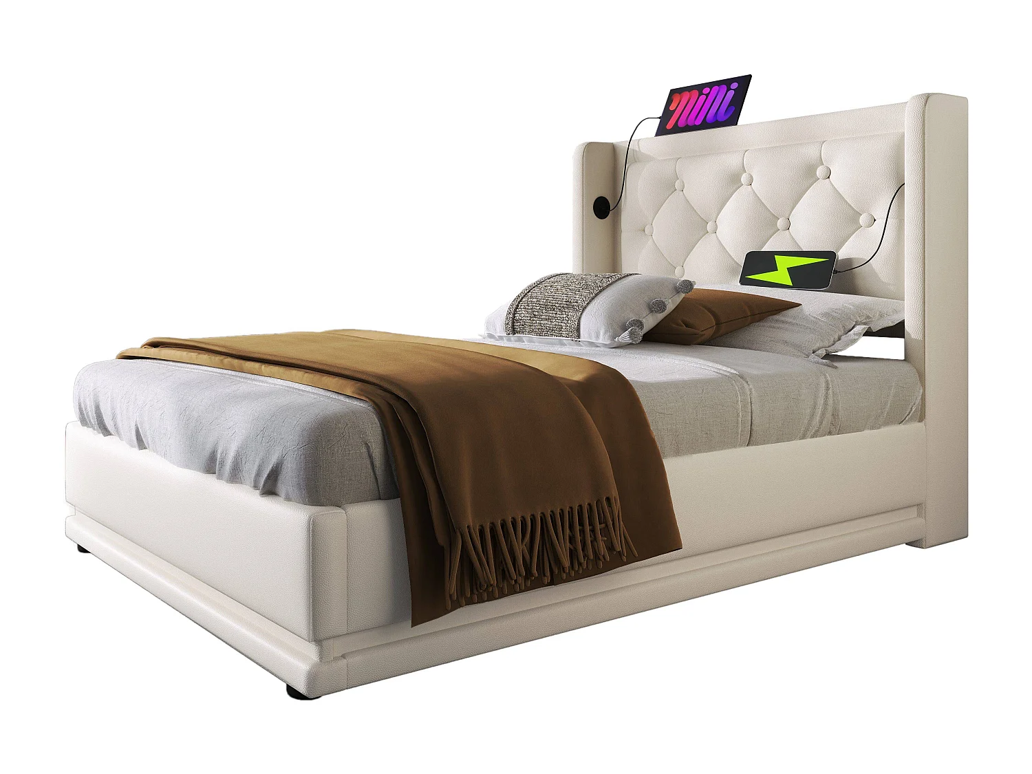 Lit simple 90x200 cm blanc en PU avec LED 3 côtés, tête rembourrée, USB Type-C, lit coffre hydraulique (sans matelas)