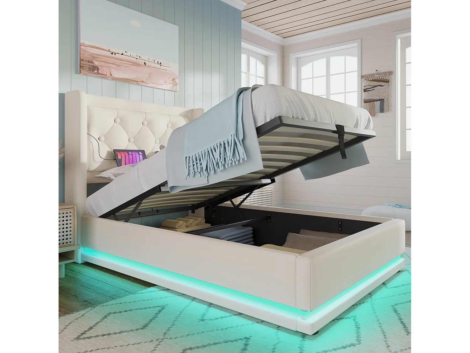 Lit simple 90x200 cm blanc en PU avec LED 3 côtés, tête rembourrée, USB Type-C, lit coffre hydraulique (sans matelas)