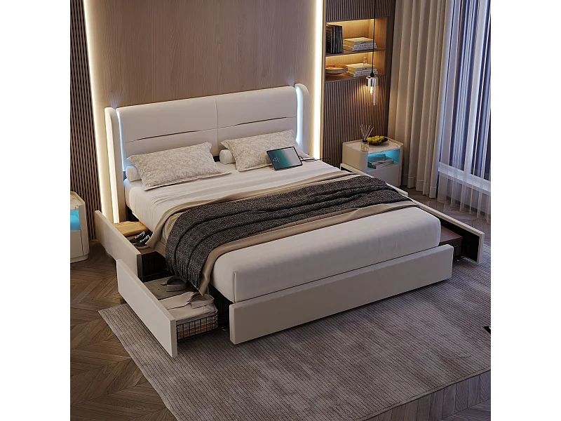 Cadre de lit moderne 140x200 cm avec tête de lit LED, 4 tiroirs pratiques, rembourrage épais, doubles ports USB et ailes latérales confortables, beige.