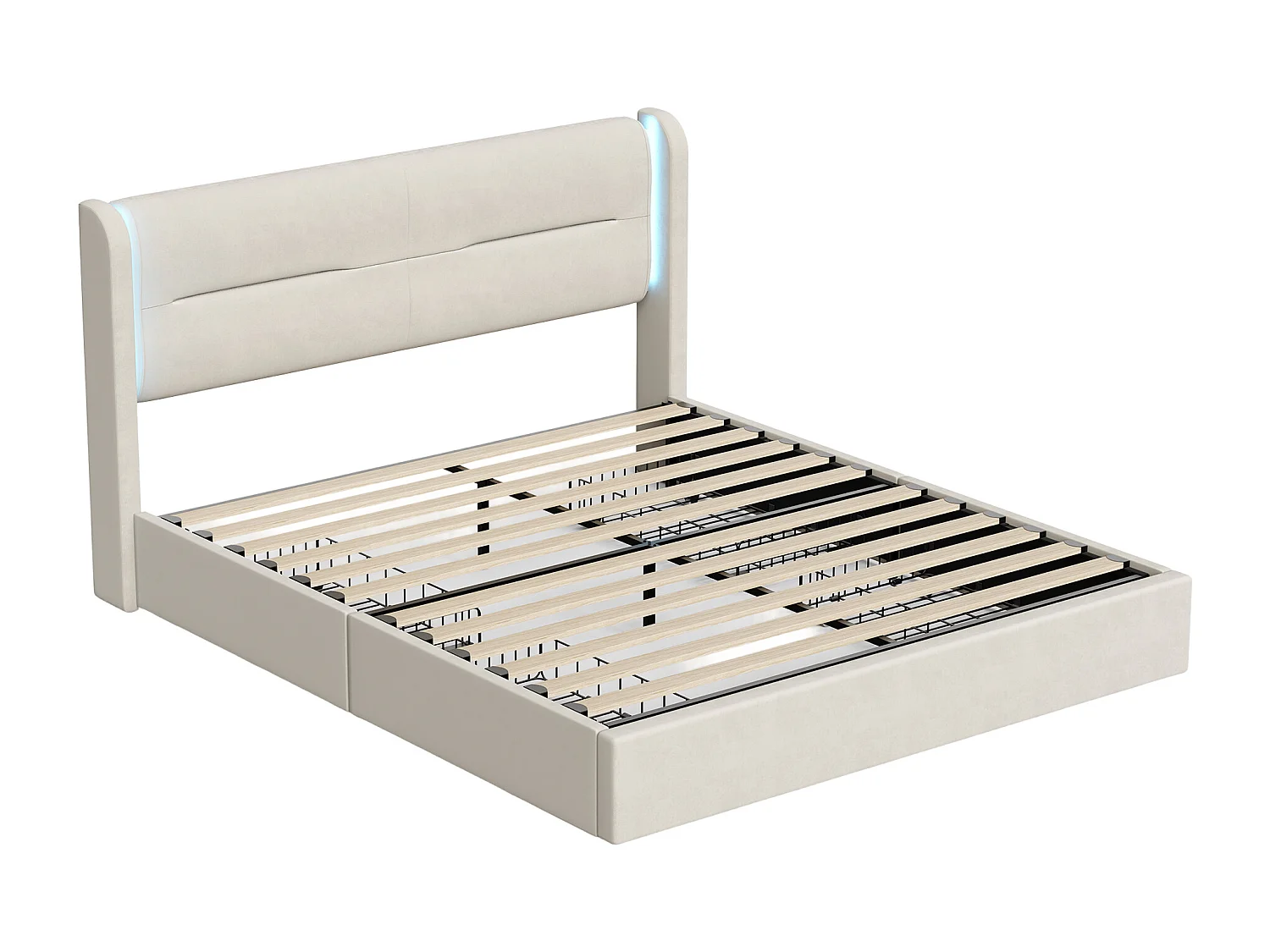 Cadre de lit moderne 140x200 cm avec tête de lit LED, 4 tiroirs pratiques, rembourrage épais, doubles ports USB et ailes latérales confortables, beige.