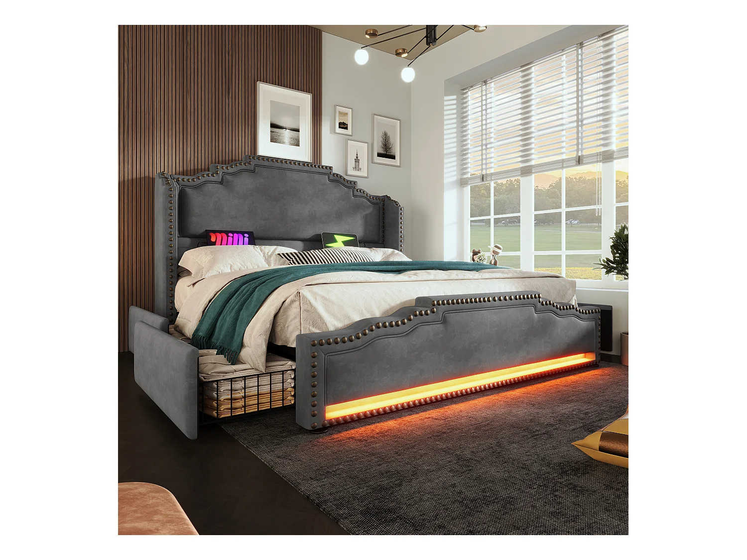Lit tapissier double 140×200cm : 4 tiroirs, LED + prise USB-C, rangement + lit ado, lattes de support, velours, gris (sans matelas)