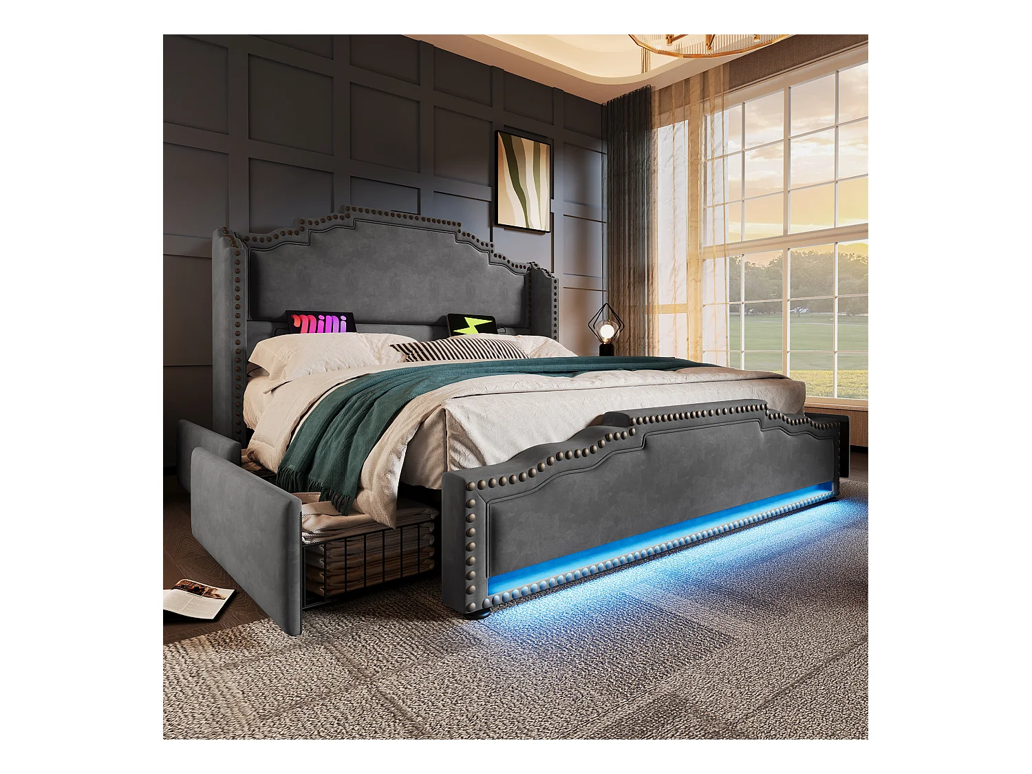Lit tapissier double 140×200cm : 4 tiroirs, LED + prise USB-C, rangement + lit ado, lattes de support, velours, gris (sans matelas)