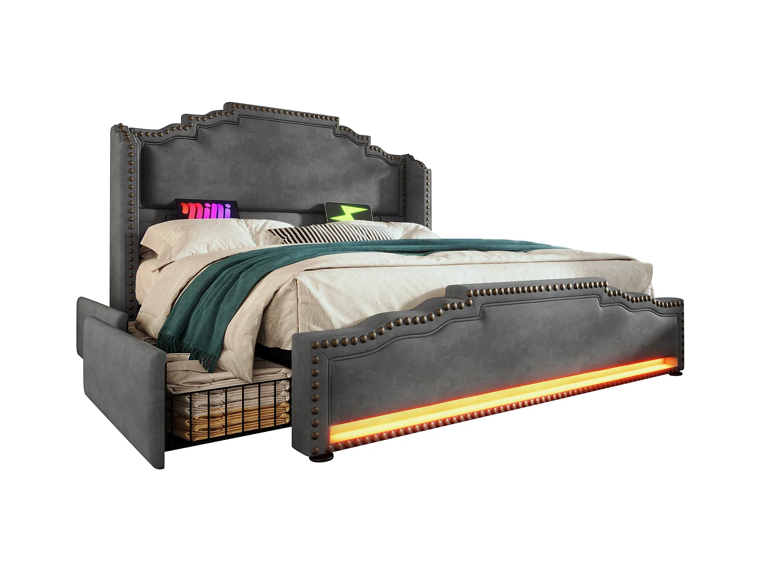 Lit tapissier double 140×200cm : 4 tiroirs, LED + prise USB-C, rangement + lit ado, lattes de support, velours, gris (sans matelas)