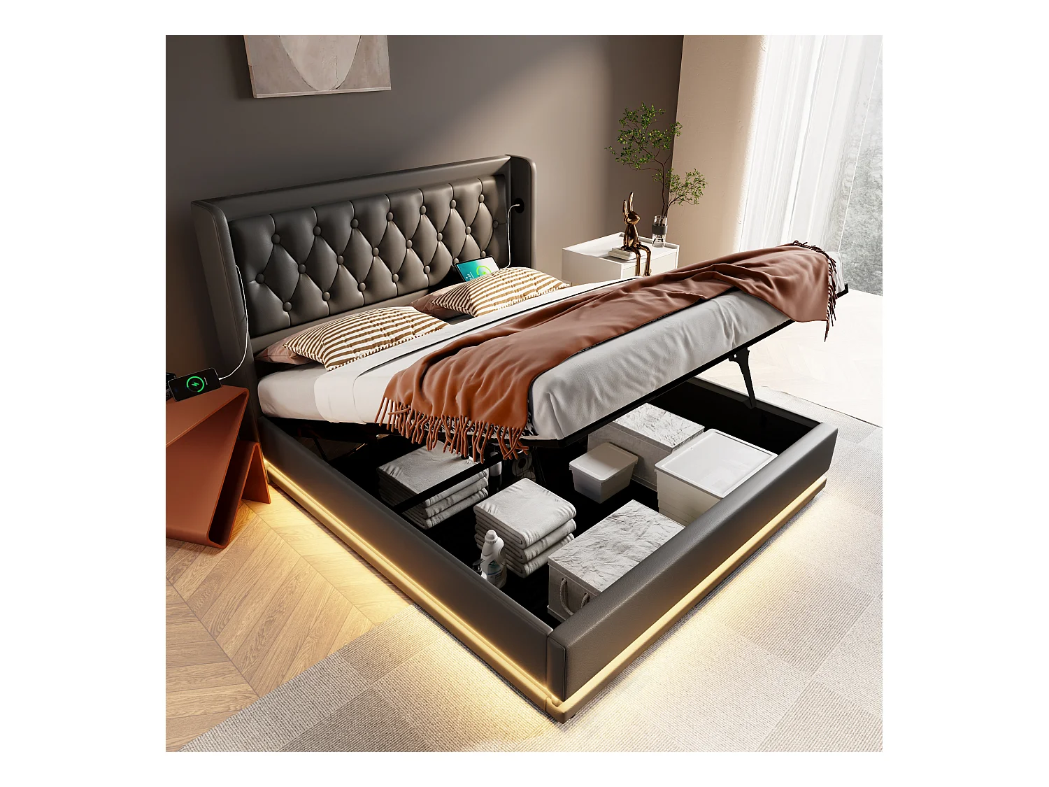 Lit double 180x200 cm noir en PU avec LED 3 côtés, tête rembourrée, USB Type-C, lit coffre hydraulique (sans matelas)