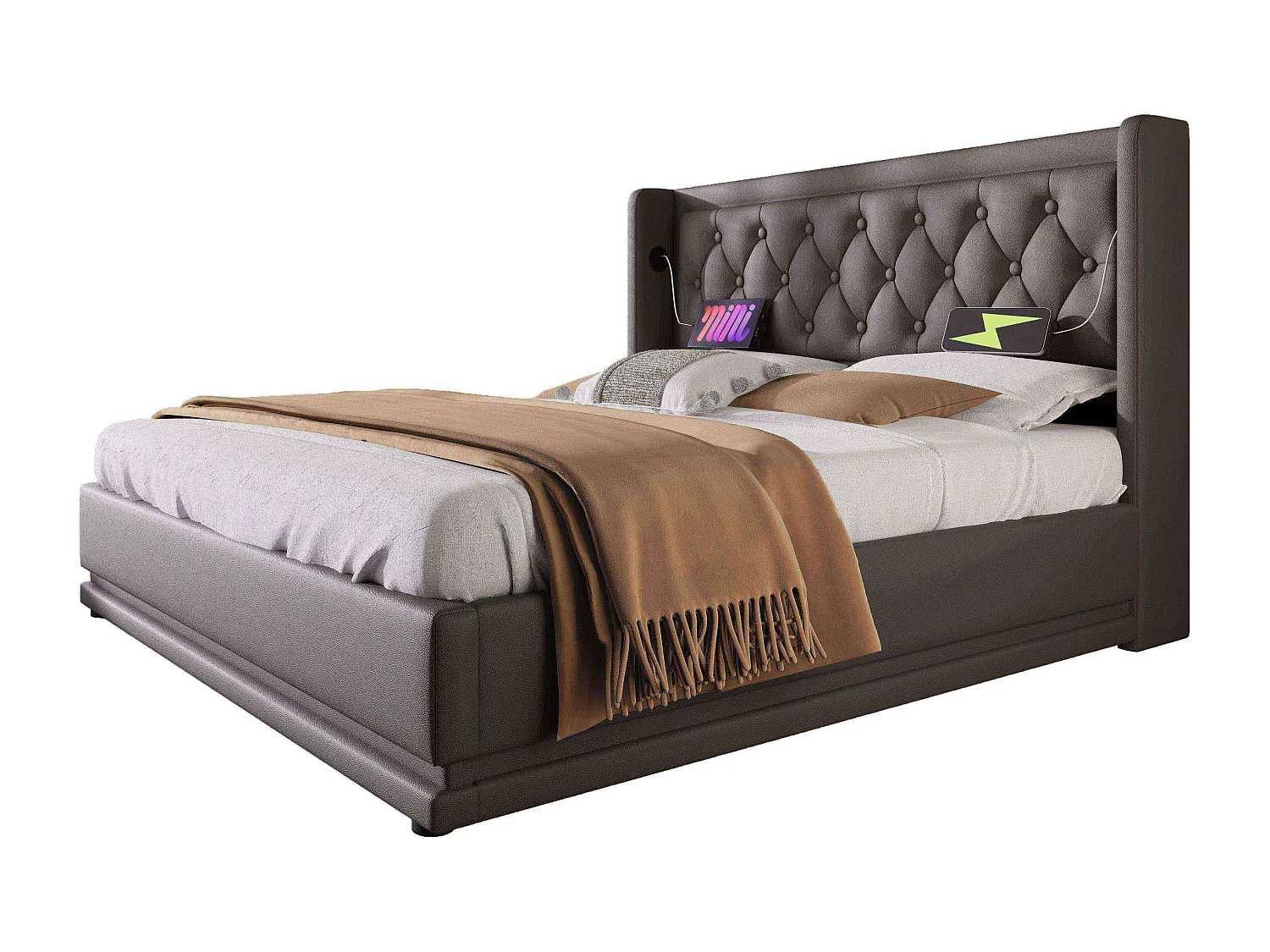 Lit double 180x200 cm noir en PU avec LED 3 côtés, tête rembourrée, USB Type-C, lit coffre hydraulique (sans matelas)