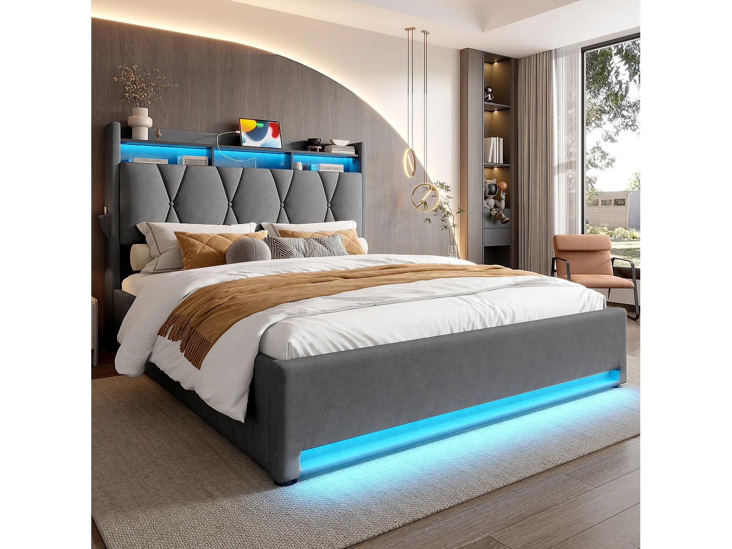 Cadre de lit rembourré 160x200cm (Gris) – Éclairage LED, chargeur USB Type-C, rangement sous-lit, tête de lit avec stockage, cadre hydraulique, sans matelas