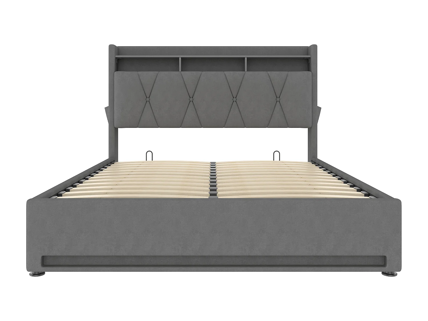 Cadre de lit rembourré 160x200cm (Gris) – Éclairage LED, chargeur USB Type-C, rangement sous-lit, tête de lit avec stockage, cadre hydraulique, sans matelas