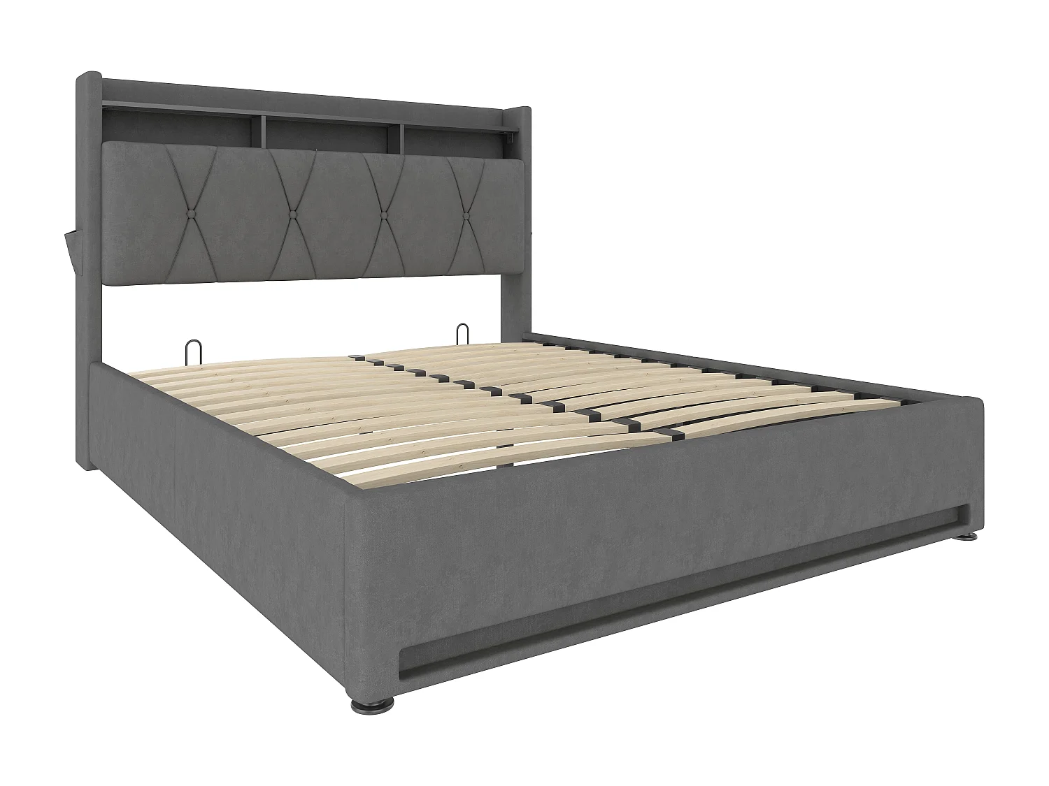 Cadre de lit rembourré 160x200cm (Gris) – Éclairage LED, chargeur USB Type-C, rangement sous-lit, tête de lit avec stockage, cadre hydraulique, sans matelas