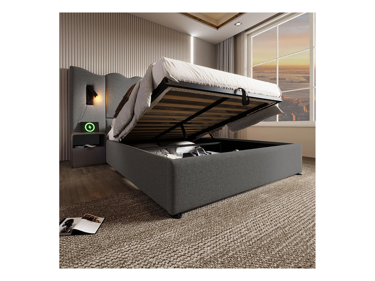 Lit double 160×200 avec lampe de lecture et port USB Type-C, structure en bois massif et métal, gris, lin (sans matelas)