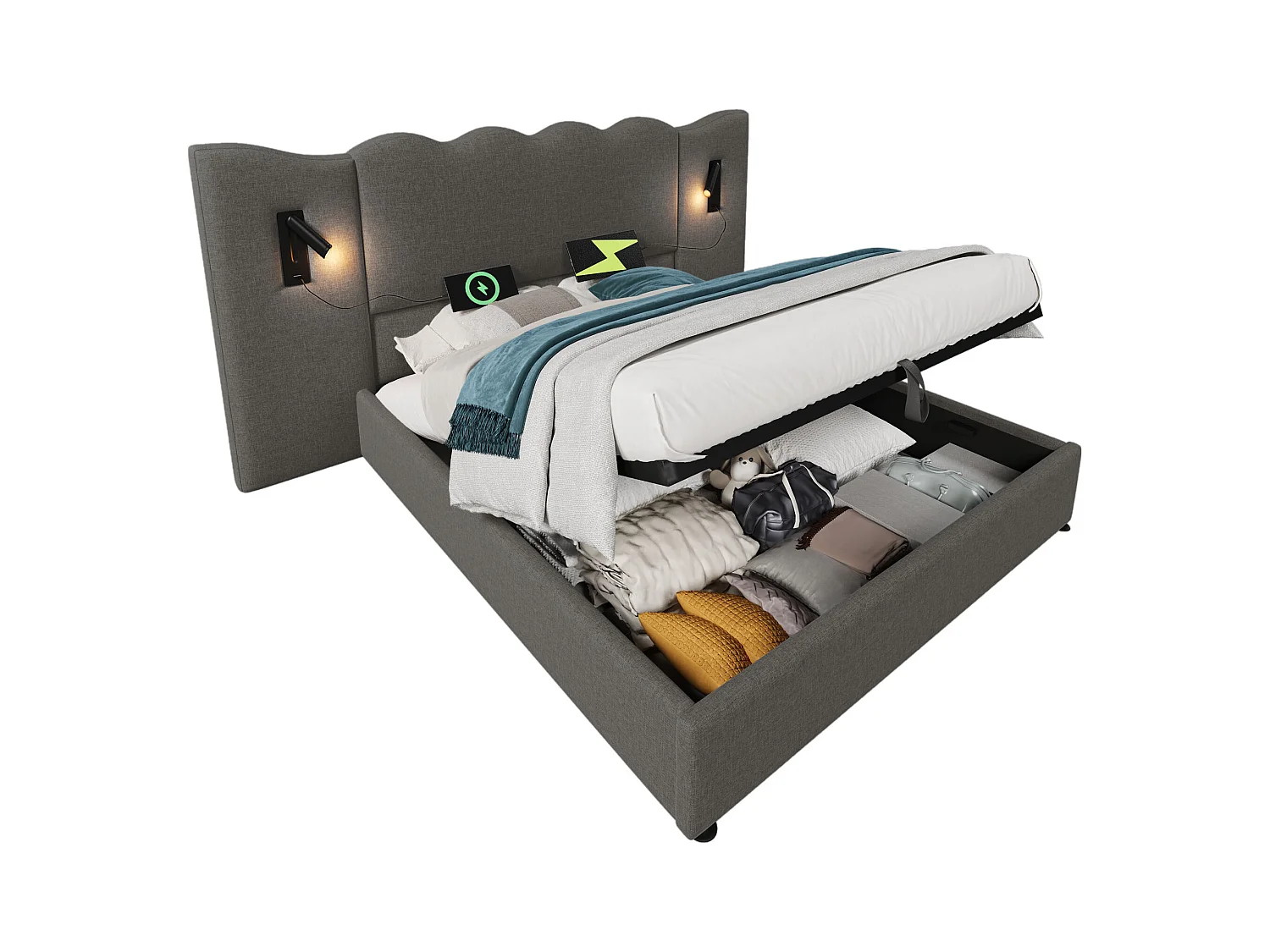 Lit double 160×200 avec lampe de lecture et port USB Type-C, structure en bois massif et métal, gris, lin (sans matelas)