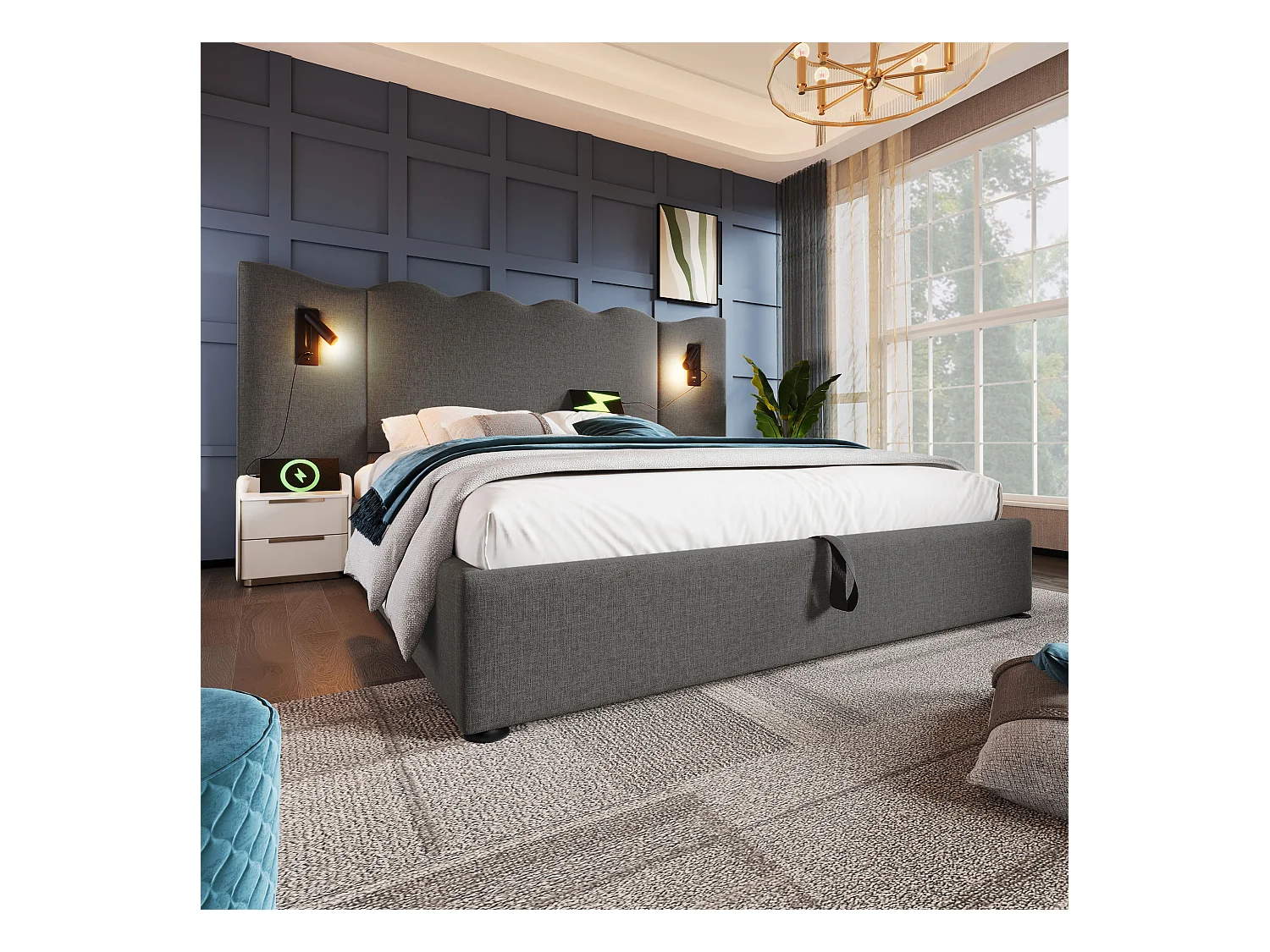 Lit double 160×200 avec lampe de lecture et port USB Type-C, structure en bois massif et métal, gris, lin (sans matelas)