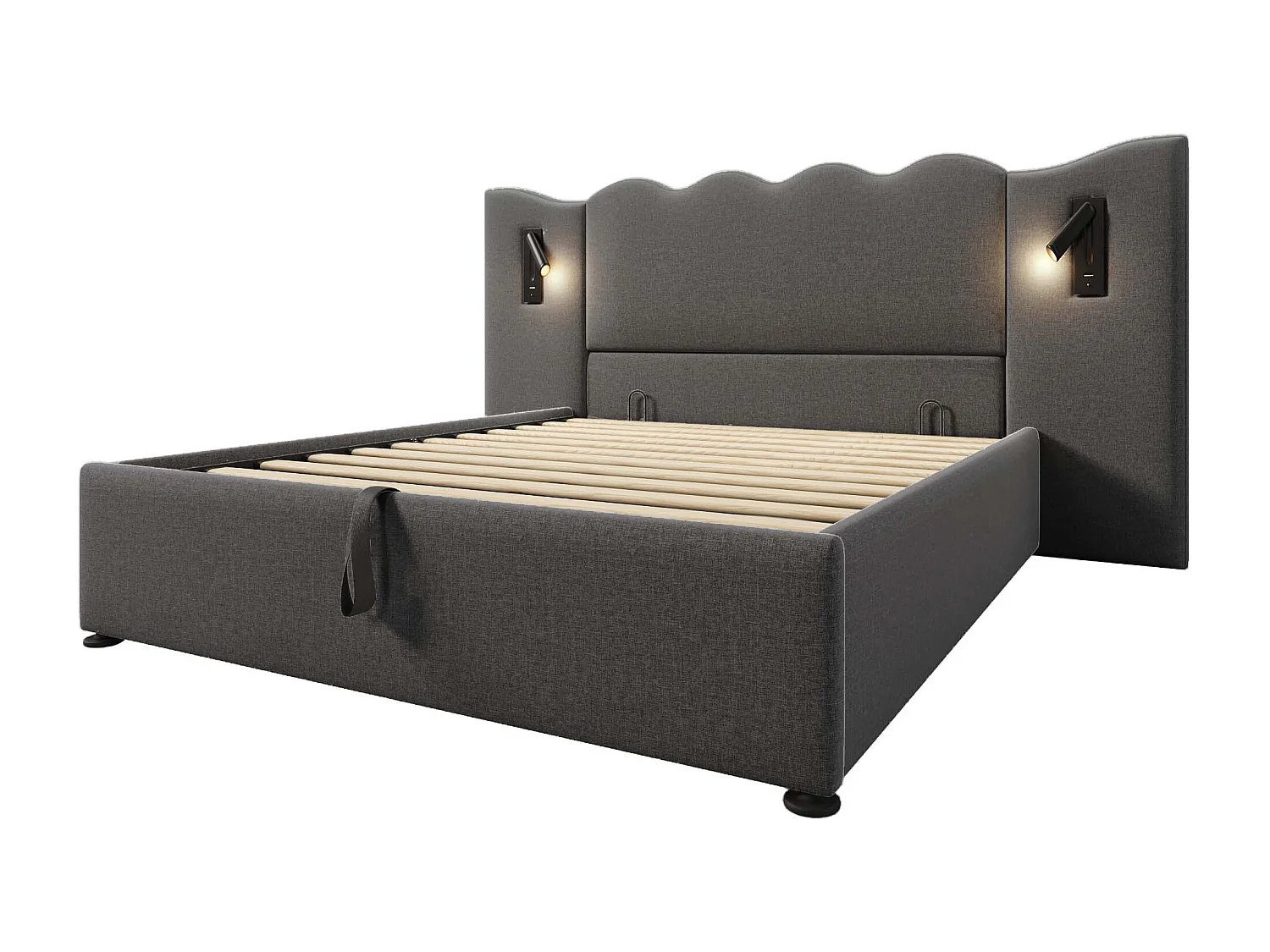 Lit double 160×200 avec lampe de lecture et port USB Type-C, structure en bois massif et métal, gris, lin (sans matelas)