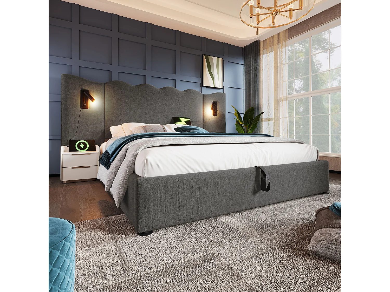 Lit double 160×200 avec lampe de lecture et port USB Type-C, structure en bois massif et métal, gris, lin (sans matelas)