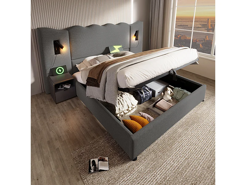 Lit double 160×200 avec lampe de lecture et port USB Type-C, structure en bois massif et métal, gris, lin (sans matelas)
