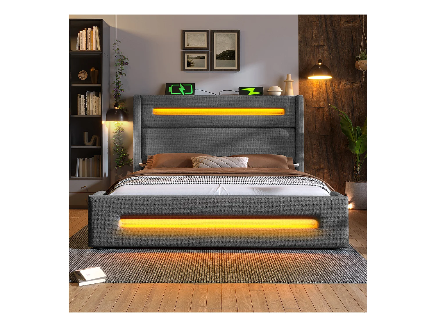 Lit tapissier double ado 140×200cm : LED, rangement hydraulique + USB Type-C, cadre métal + lattes bois, gris, lin (sans matelas)