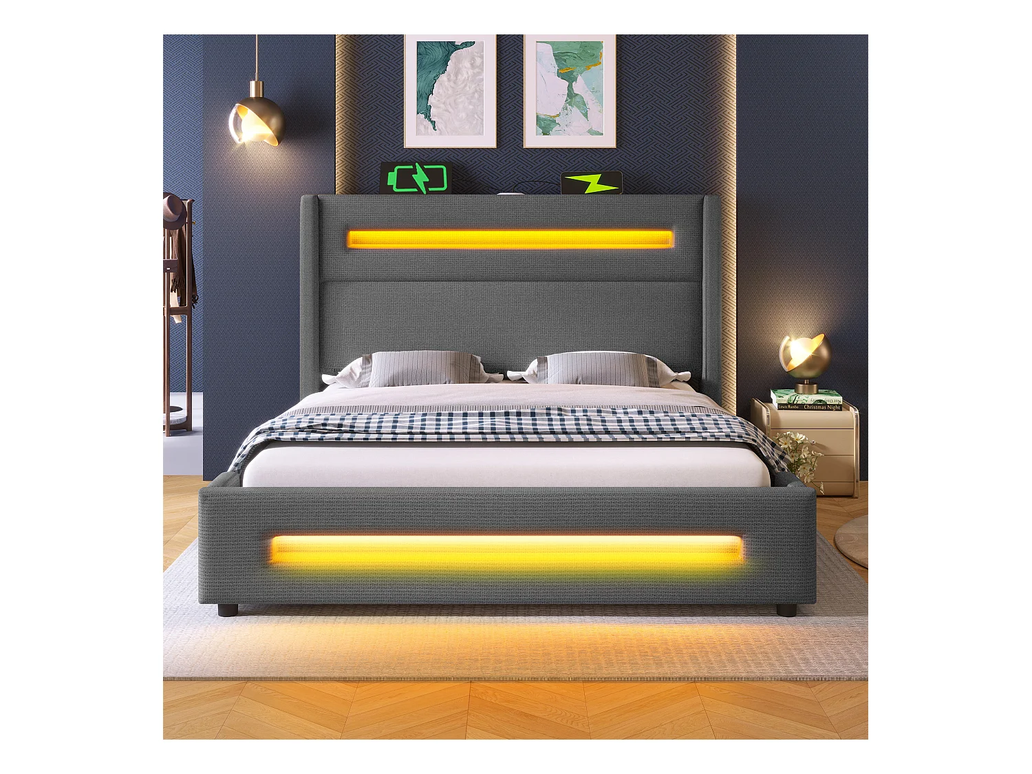 Lit tapissier double ado 140×200cm : LED, rangement hydraulique + USB Type-C, cadre métal + lattes bois, gris, lin (sans matelas)