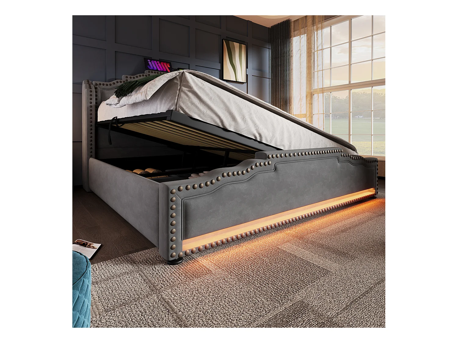 Lit tapissier double 160×200cm : rangement hydraulique, LED + prise USB-C, lit à rangement + lit ado, lattes de support, velours, gris (sans matelas)