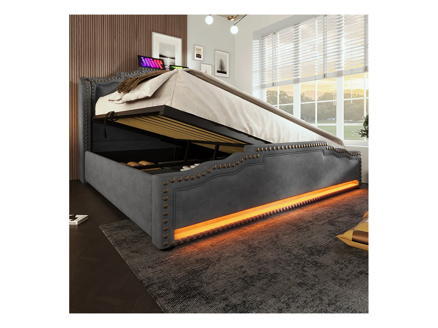 Lit tapissier double 160×200cm : rangement hydraulique, LED + prise USB-C, lit à rangement + lit ado, lattes de support, velours, gris (sans matelas)