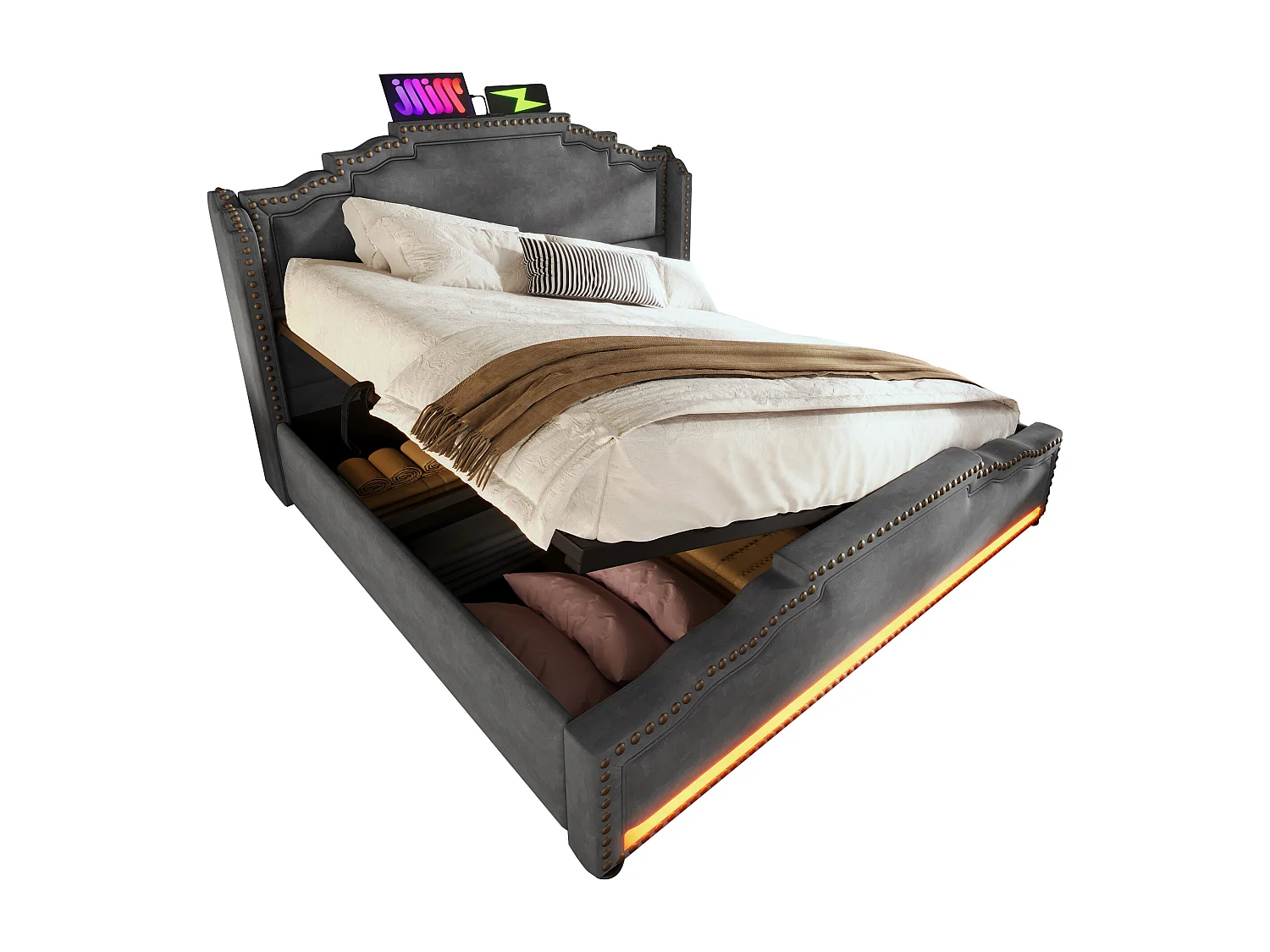 Lit tapissier double 160×200cm : rangement hydraulique, LED + prise USB-C, lit à rangement + lit ado, lattes de support, velours, gris (sans matelas)