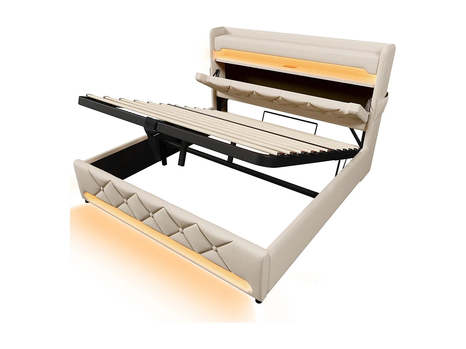Lit tapissier double 160×200cm : Tête rangement (USB/Typ-C), LED 360° surround (tête/pied), rangement hydraulique, beige, lin (sans matelas)