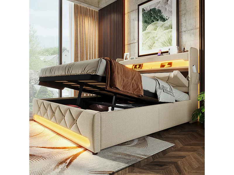 Lit tapissier double 160×200cm : Tête rangement (USB/Typ-C), LED 360° surround (tête/pied), rangement hydraulique, beige, lin (sans matelas)