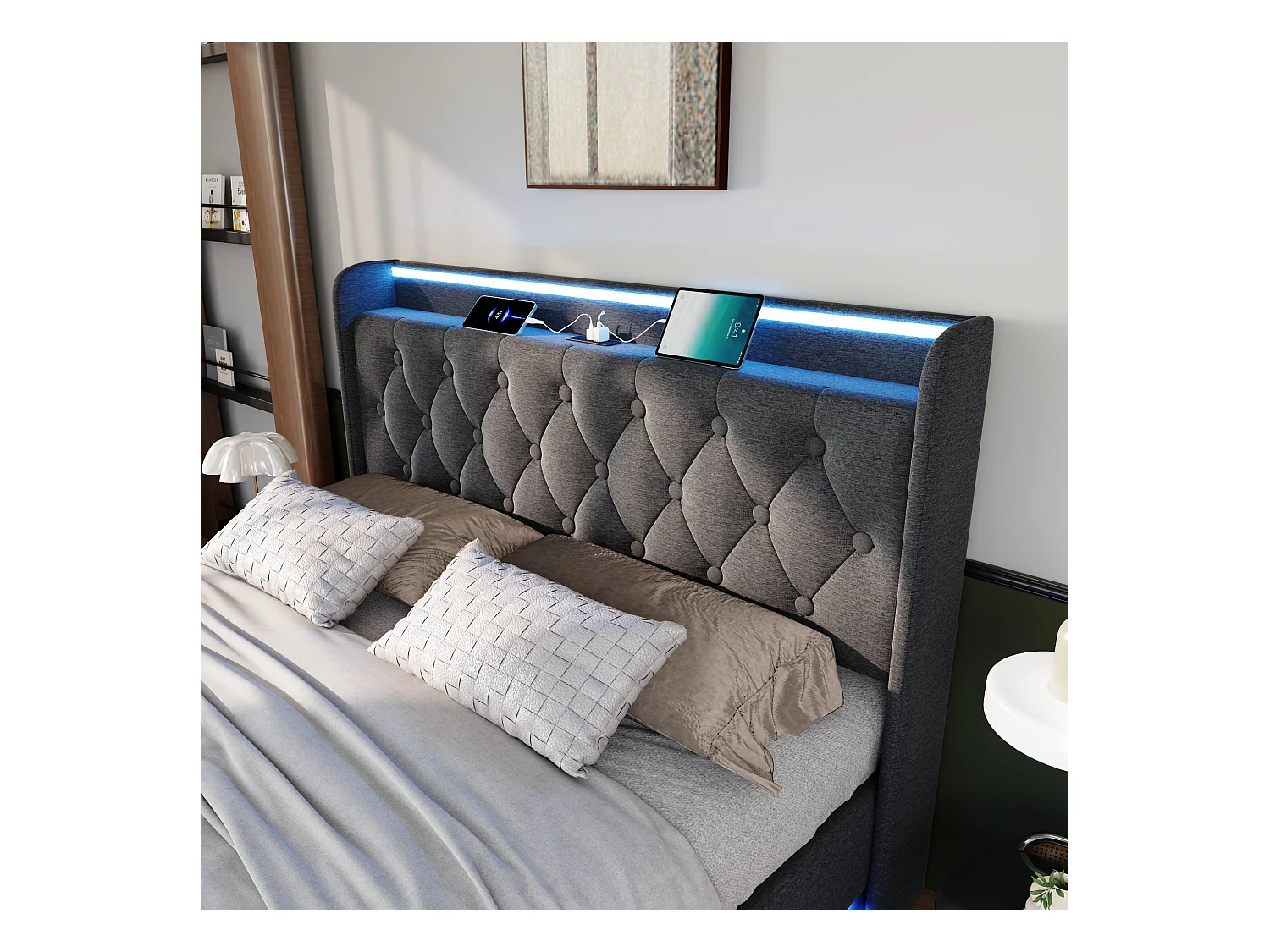 Lit double 160x200 avec LED 360°, tête rembourrée, commande tactile/app/à distance, USB Type-C, lin gris, hydraulique (sans matelas)