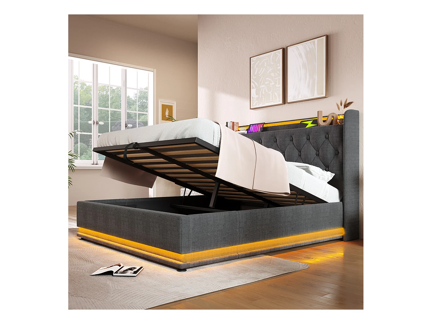 Lit double 160x200 avec LED 360°, tête rembourrée, commande tactile/app/à distance, USB Type-C, lin gris, hydraulique (sans matelas)