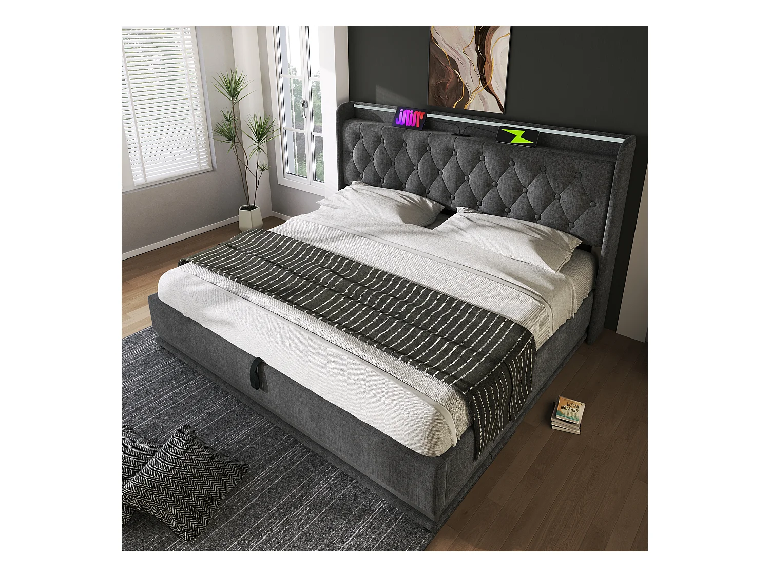 Lit double 160x200 avec LED 360°, tête rembourrée, commande tactile/app/à distance, USB Type-C, lin gris, hydraulique (sans matelas)