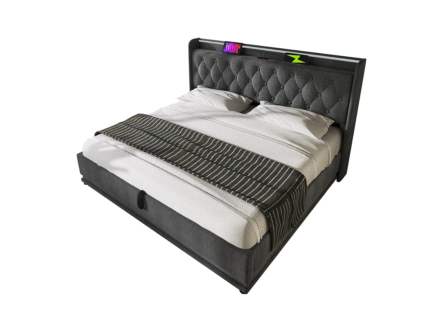 Lit double 160x200 avec LED 360°, tête rembourrée, commande tactile/app/à distance, USB Type-C, lin gris, hydraulique (sans matelas)