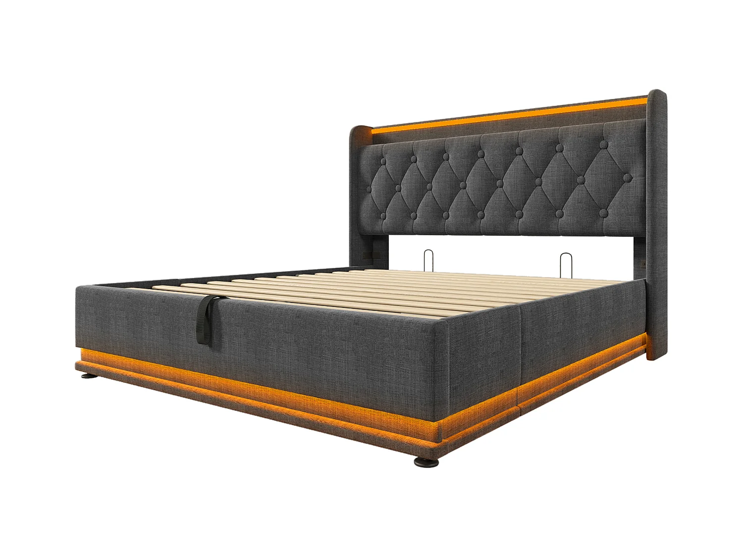 Lit double 160x200 avec LED 360°, tête rembourrée, commande tactile/app/à distance, USB Type-C, lin gris, hydraulique (sans matelas)