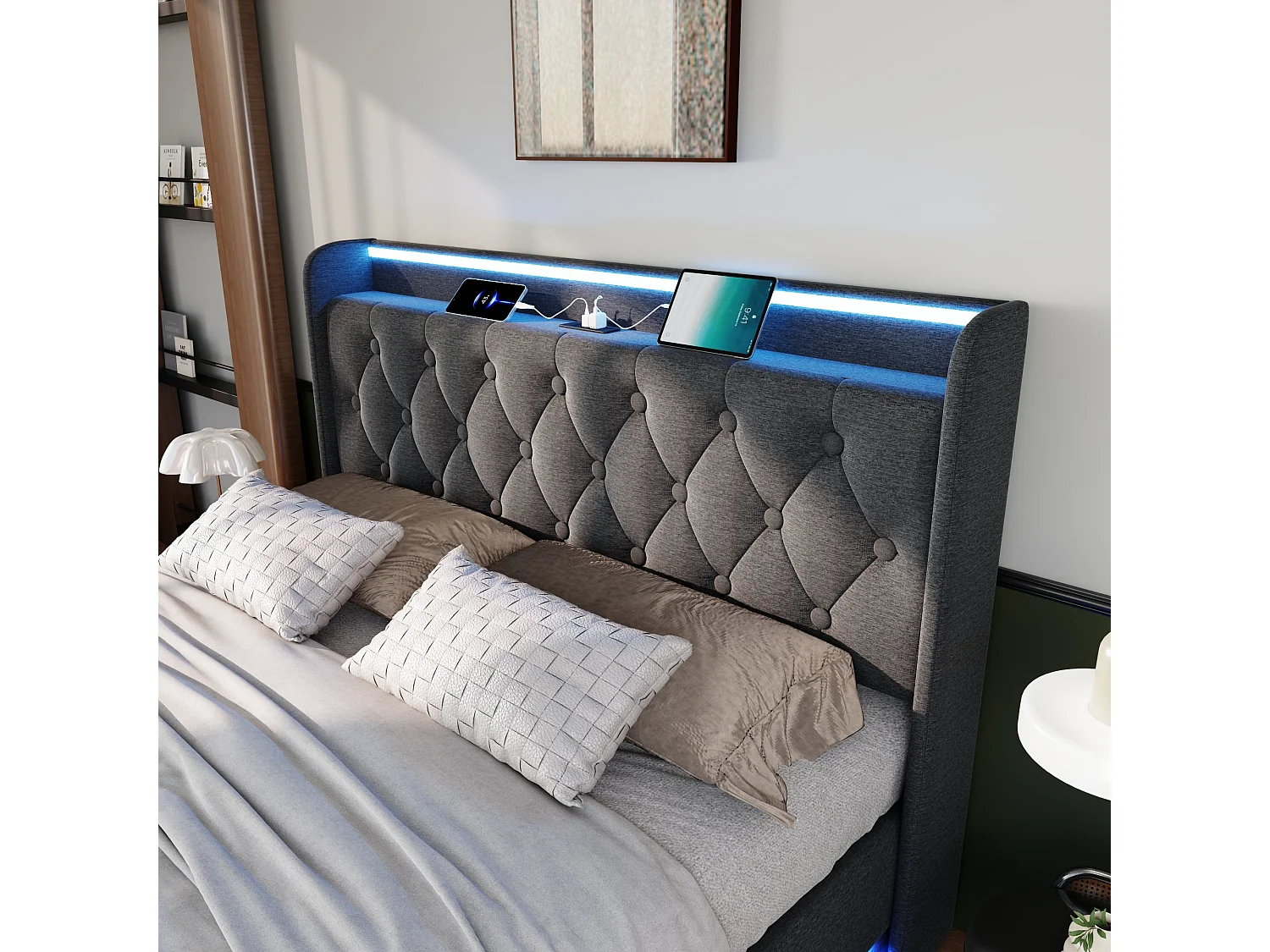 Lit double 160x200 avec LED 360°, tête rembourrée, commande tactile/app/à distance, USB Type-C, lin gris, hydraulique (sans matelas)