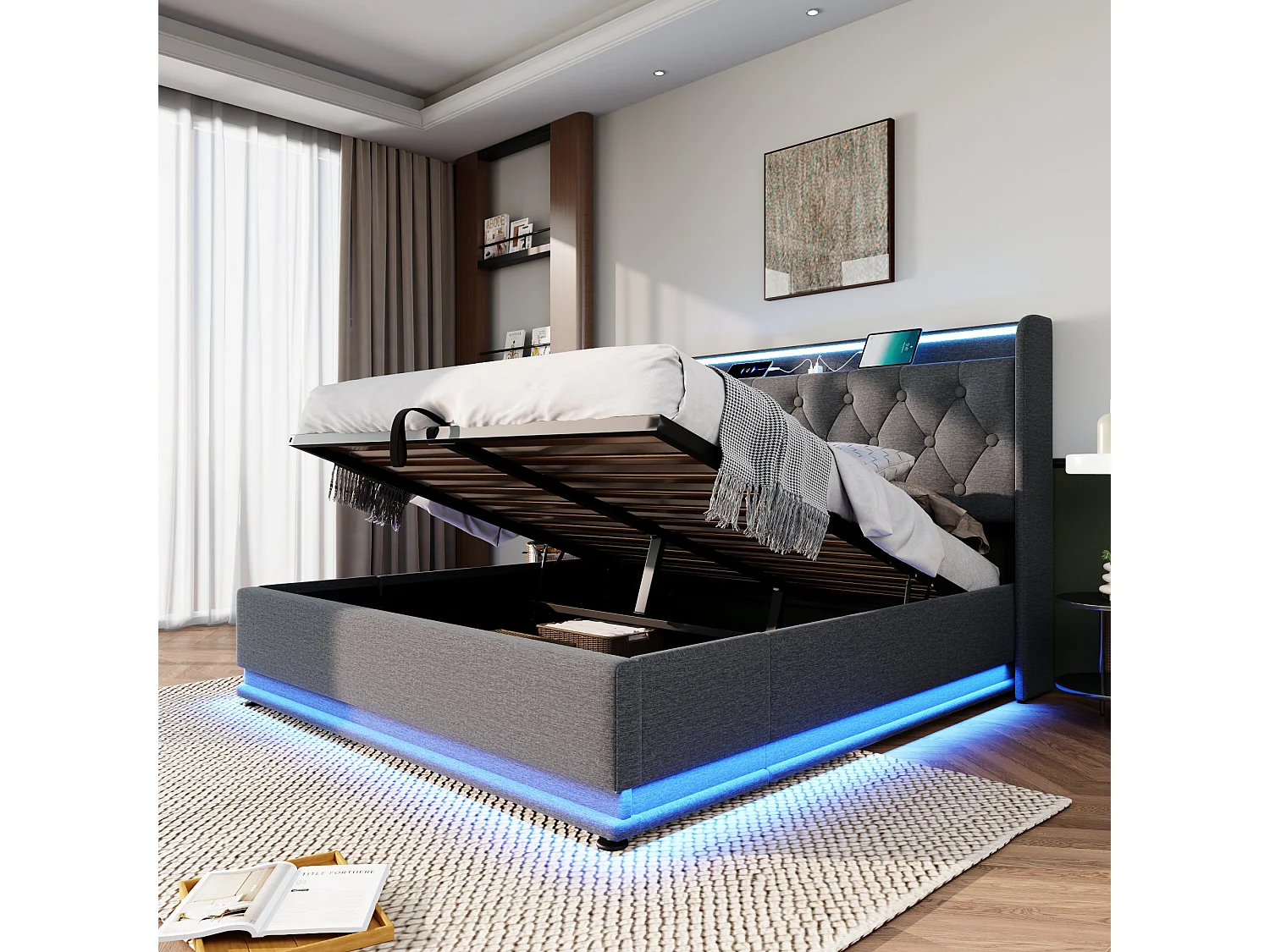 Lit double 160x200 avec LED 360°, tête rembourrée, commande tactile/app/à distance, USB Type-C, lin gris, hydraulique (sans matelas)